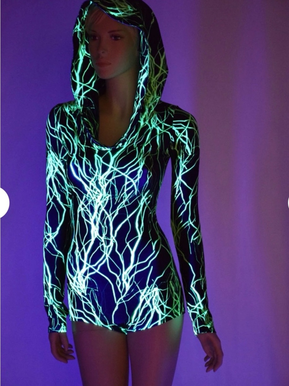 Coquetry Clothing Neon UV Green Lightning Print Long Sleeve Hoody Romper - Picture 6 of 9